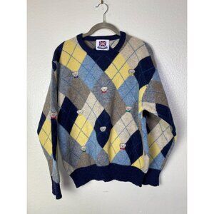 Vintage Trad House Club Argyle Wool Sweater Bear Embroidered Size Medium Preppy